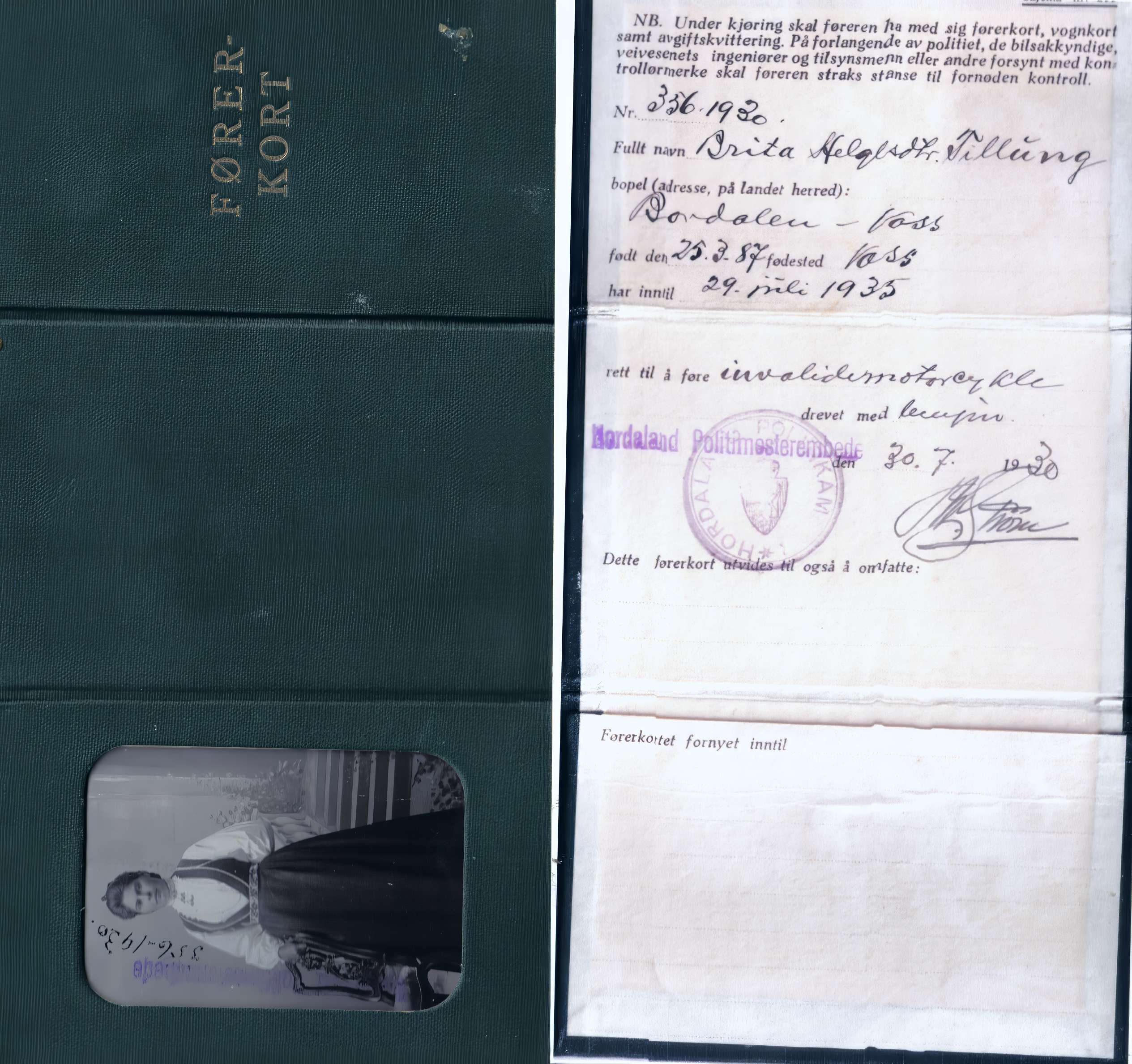 Bilete relatert til Voss ættesogelag:  Spennande gamalt førarkort!Laget har fått avfotogr...